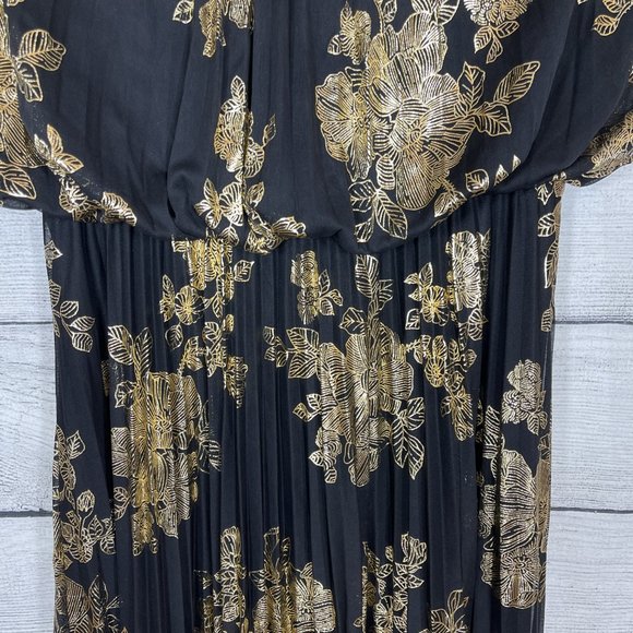 NWT MSK Metallic Print Pleated Blouson Gown Black Gold Sz 8 - Picture 9 of 15